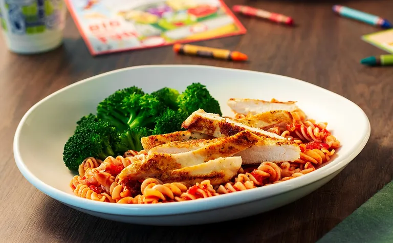 Grilled Chicken with Rotini Pasta & Marinara (kids) — Kids can enjoy a grilled chicken breast over gluten-free rotini pasta…