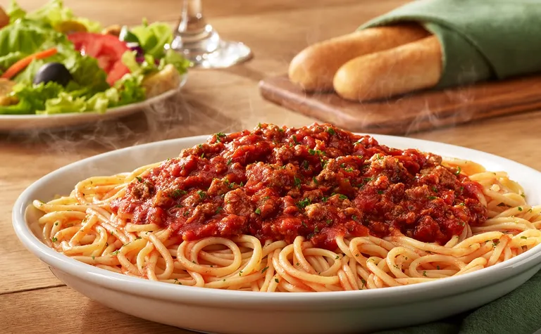 Spaghetti with Meat Sauce — Our homemade meat sauce served over spaghetti.