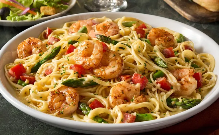 Shrimp Scampi — A lighter take on a classic! Shrimp sautéed in a garlic sauce, tossed with asparagus, tomatoes and angel…