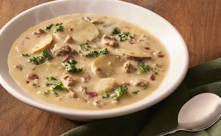 Zuppa Toscana — Spicy Italian sausage, fresh kale and russet potatoes in a creamy broth.