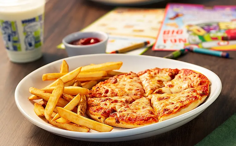 Kids Pizza — Enjoy a kid’s cheese or pepperoni pizza with homemade marinara sauce and mozzarella cheese.