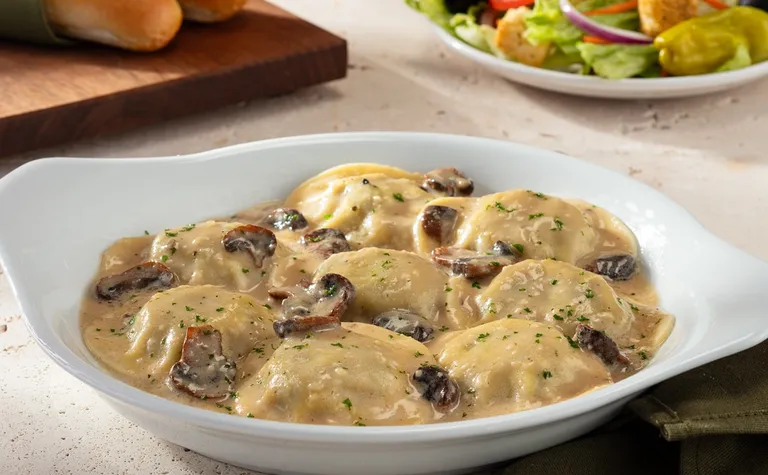Limited Time Creamy Mushroom Ravioli — Portobello mushroom -filled ravioli in a creamy mushroom sauce.