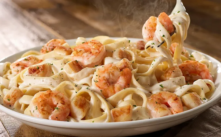Seafood Alfredo — Creamy, alfredo sauce made from scratch with ingredients like parmesan, cream, garlic and butter, tossed…